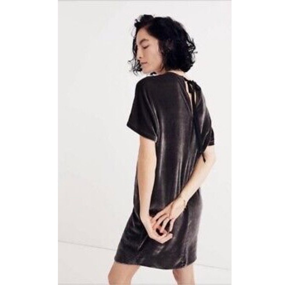 Madewell Gray Velvet Bow Back Shift Dress XS Silk Blend Dolman Tee Style